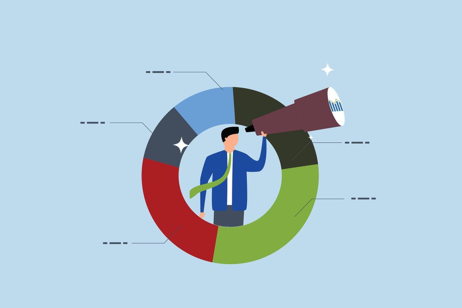 Marketing strategy, businessman on pie chart looking thorough binoculars. vector