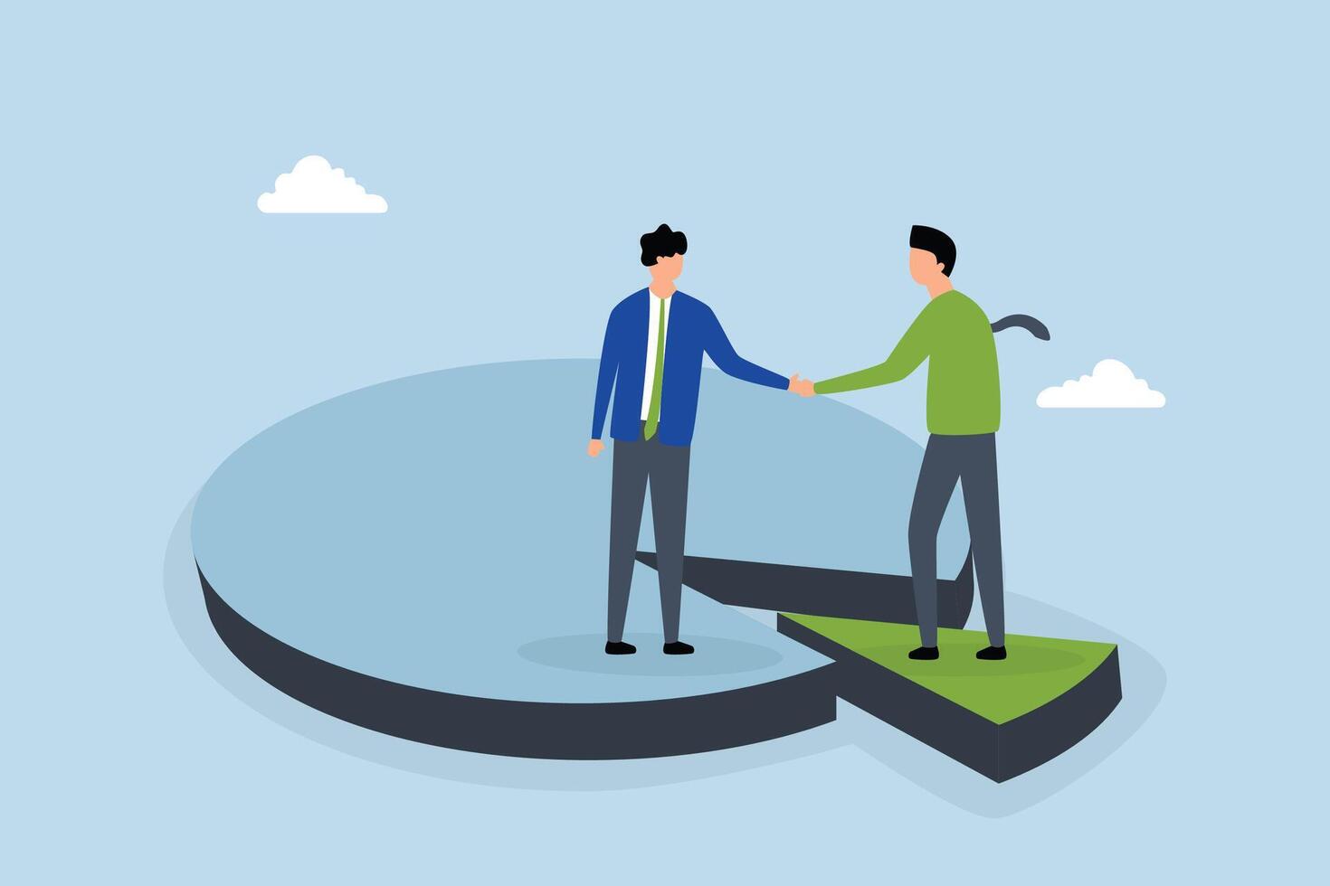 Shareholder, businessman handshaking on pie chart to share profit together. vector