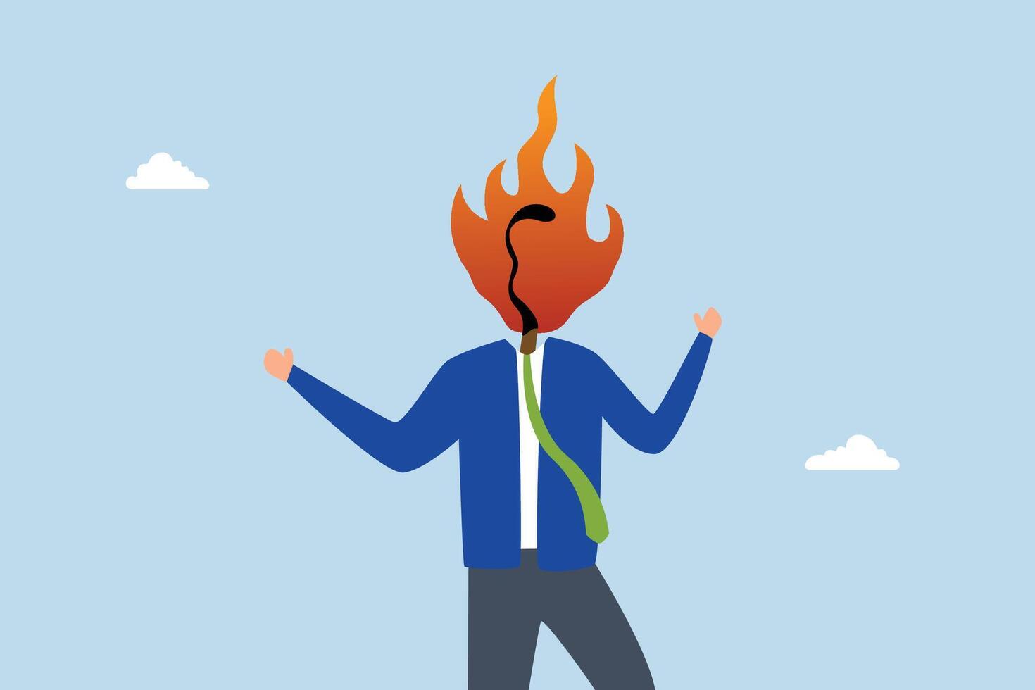 Burnout stressed causing depression, businessman with burning matchstick head. vector