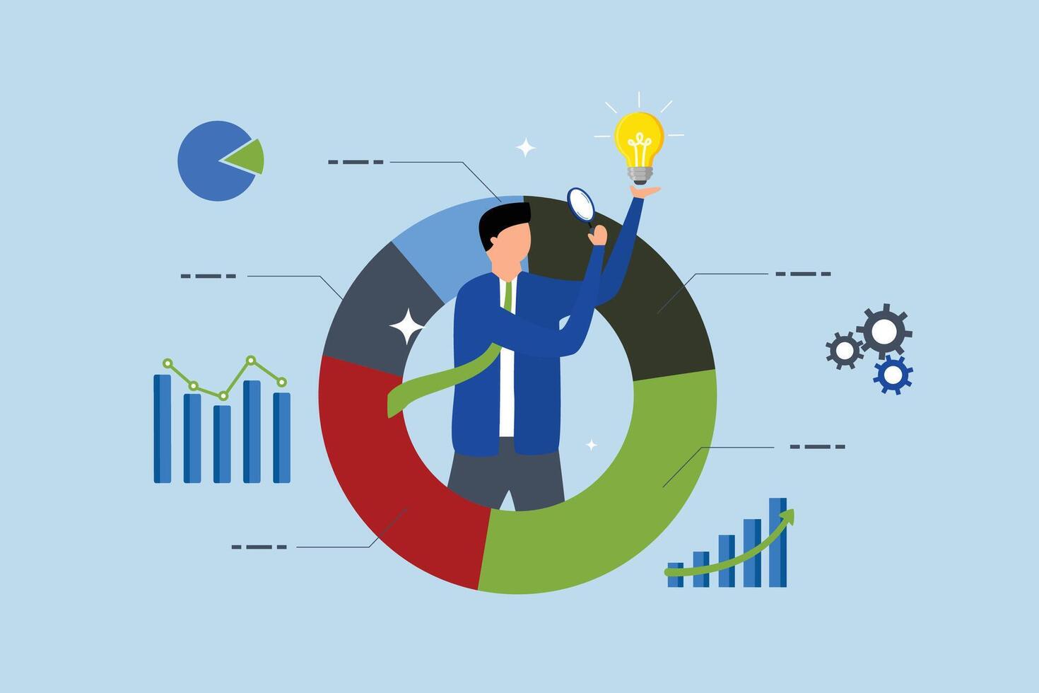 Data scientist analyze data, businessman analyze data with lightbulb. vector