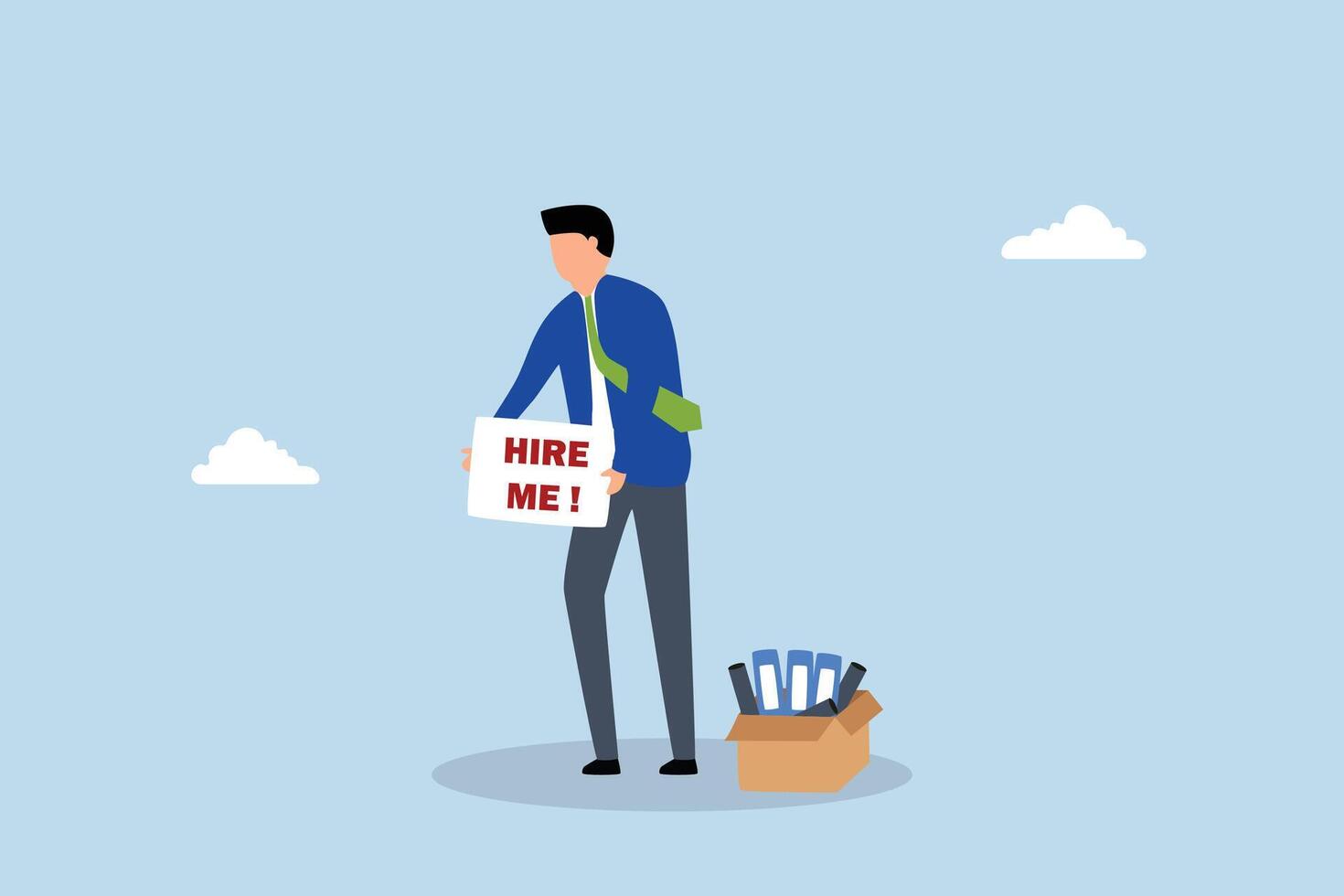 Hire me looking for job, unemployed businessman holding sign hire me to employer. vector