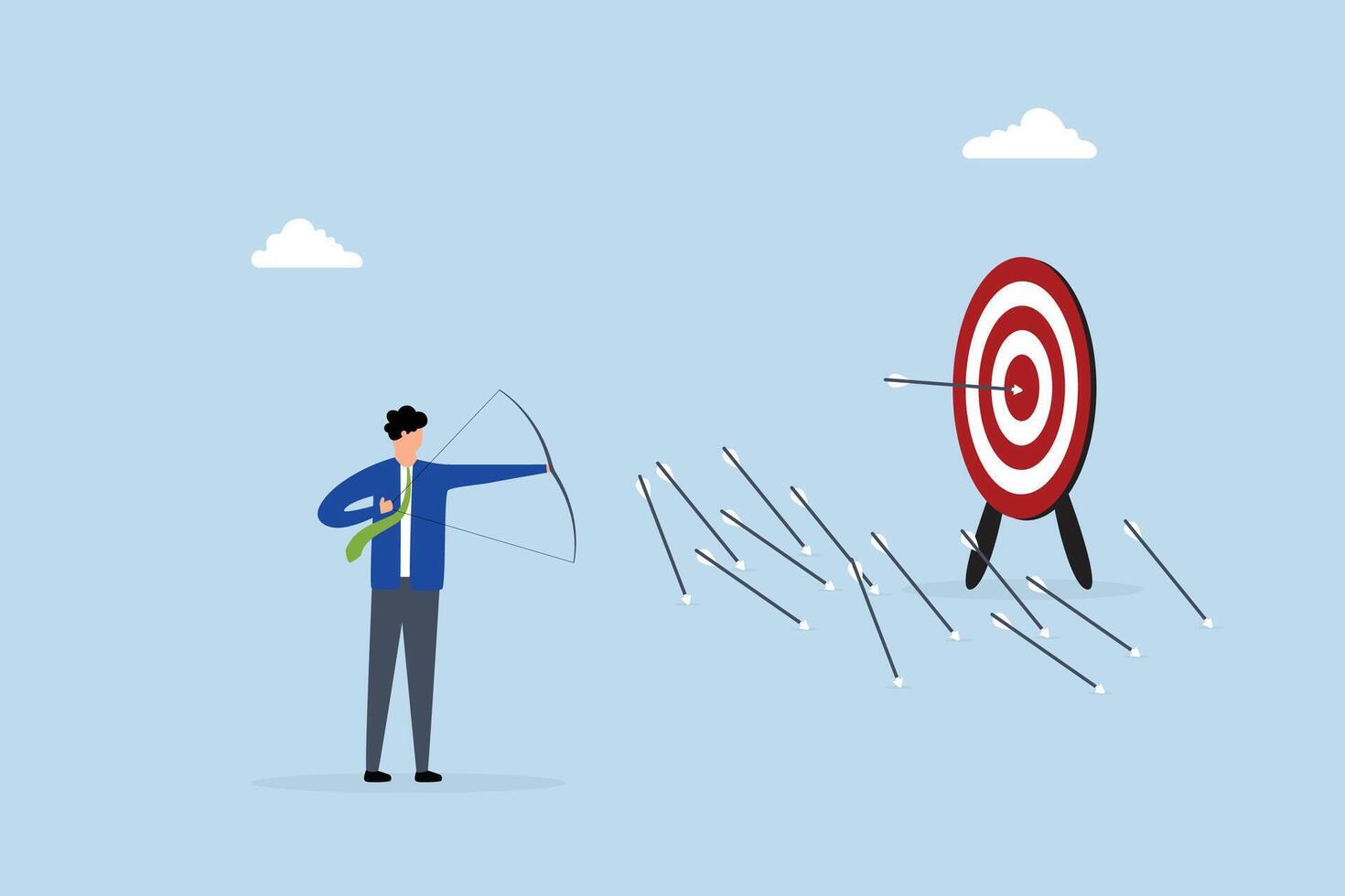 Practice develop success, businessman practicing archery with mistakes until success. vector