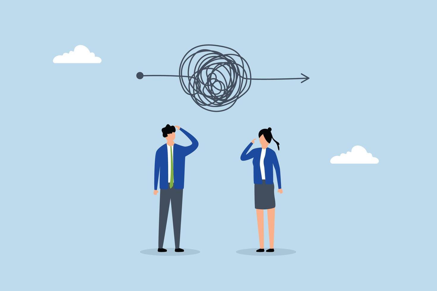 Complicated problem, business people thinking with chaos messy tangle knot. vector