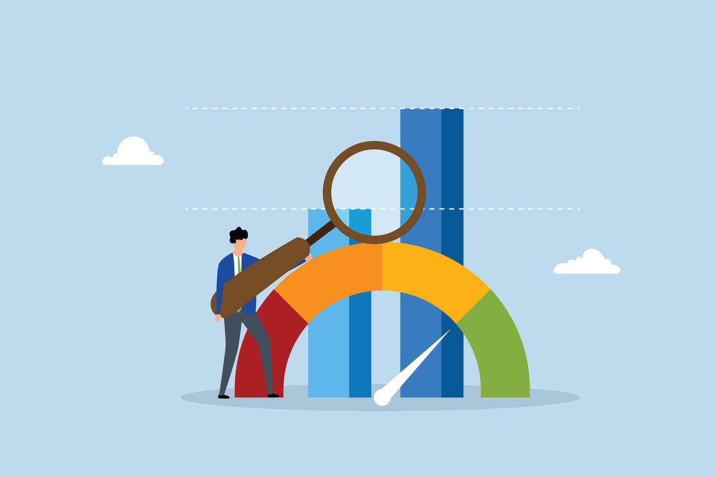 KPI key performance indicator, businessman magnify benchmark metric graph scale. vector