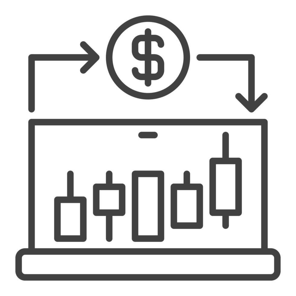 Laptop with Trading Chart and Dollar sign linear icon or sign vector
