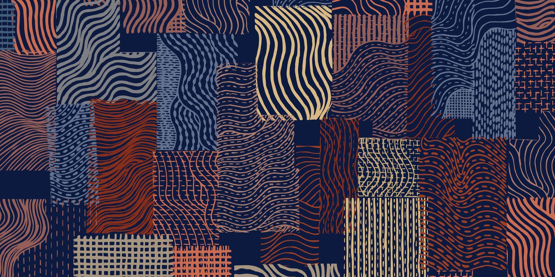 Crafted hand drawn brush line abstract stitching waves collage pattern, Japanese traditional sashiko handcrafted embroidery, weaving texture background, ethnic graphic for textile, wrapping paper vector