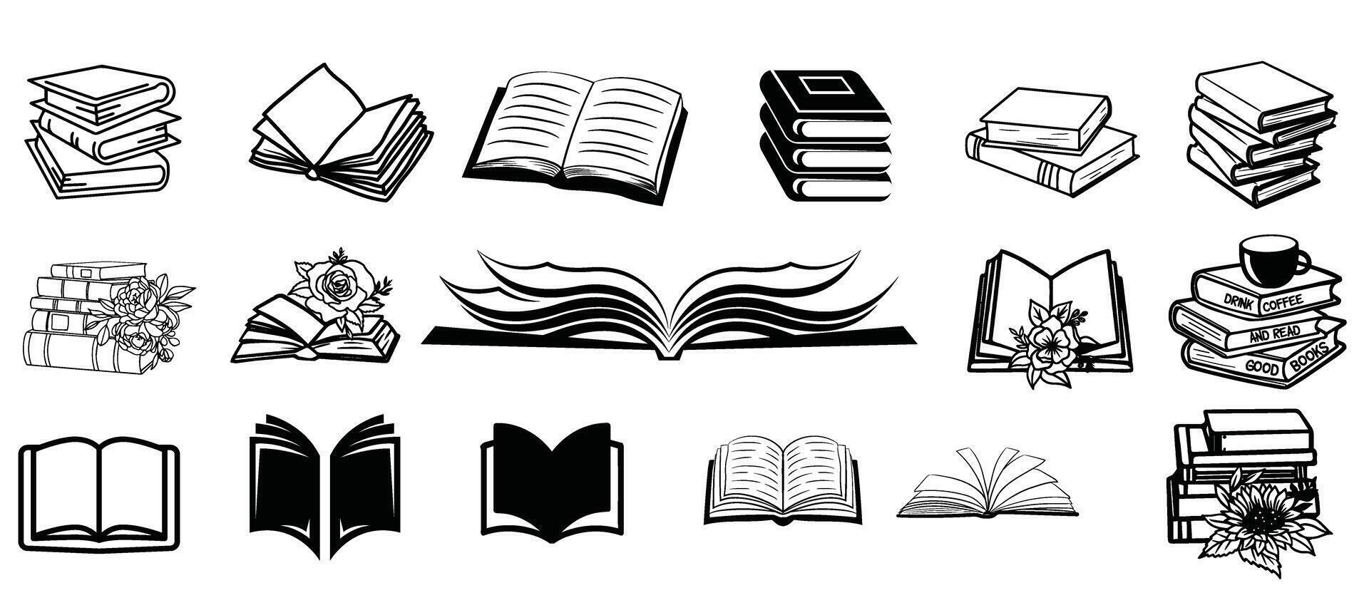 a set of black and white books and other objects vector