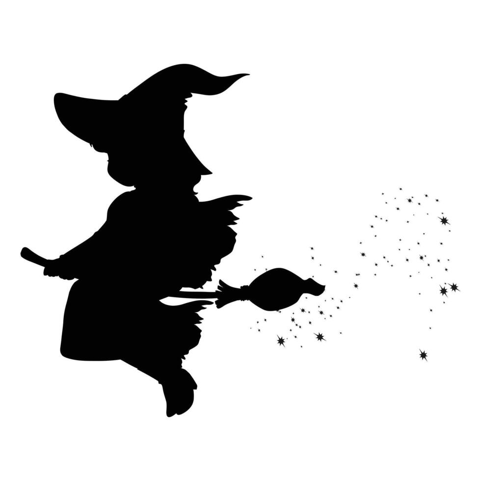 Witch Silhouette Flying on Broomstick Against White Background vector