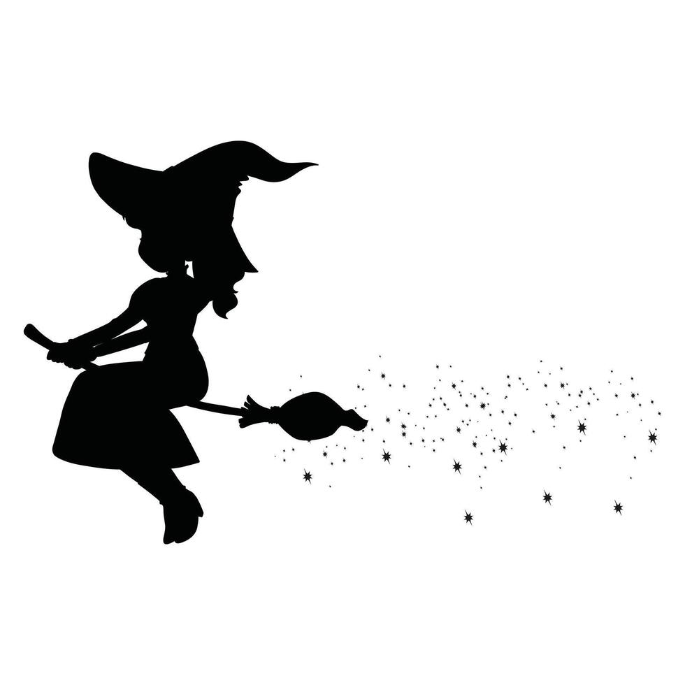 Halloween Witch Silhouette Riding Broom White Background Design vector