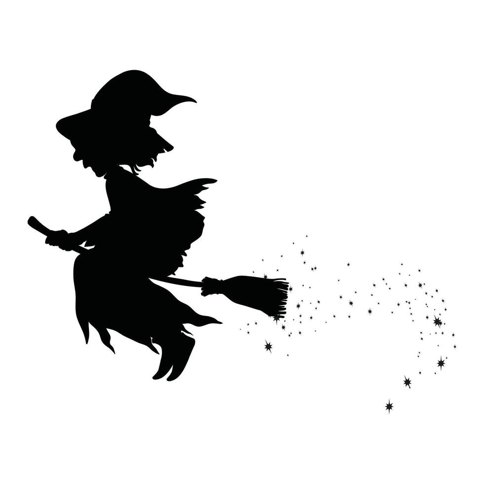 Flying Witch on Broom Silhouette on White Background vector