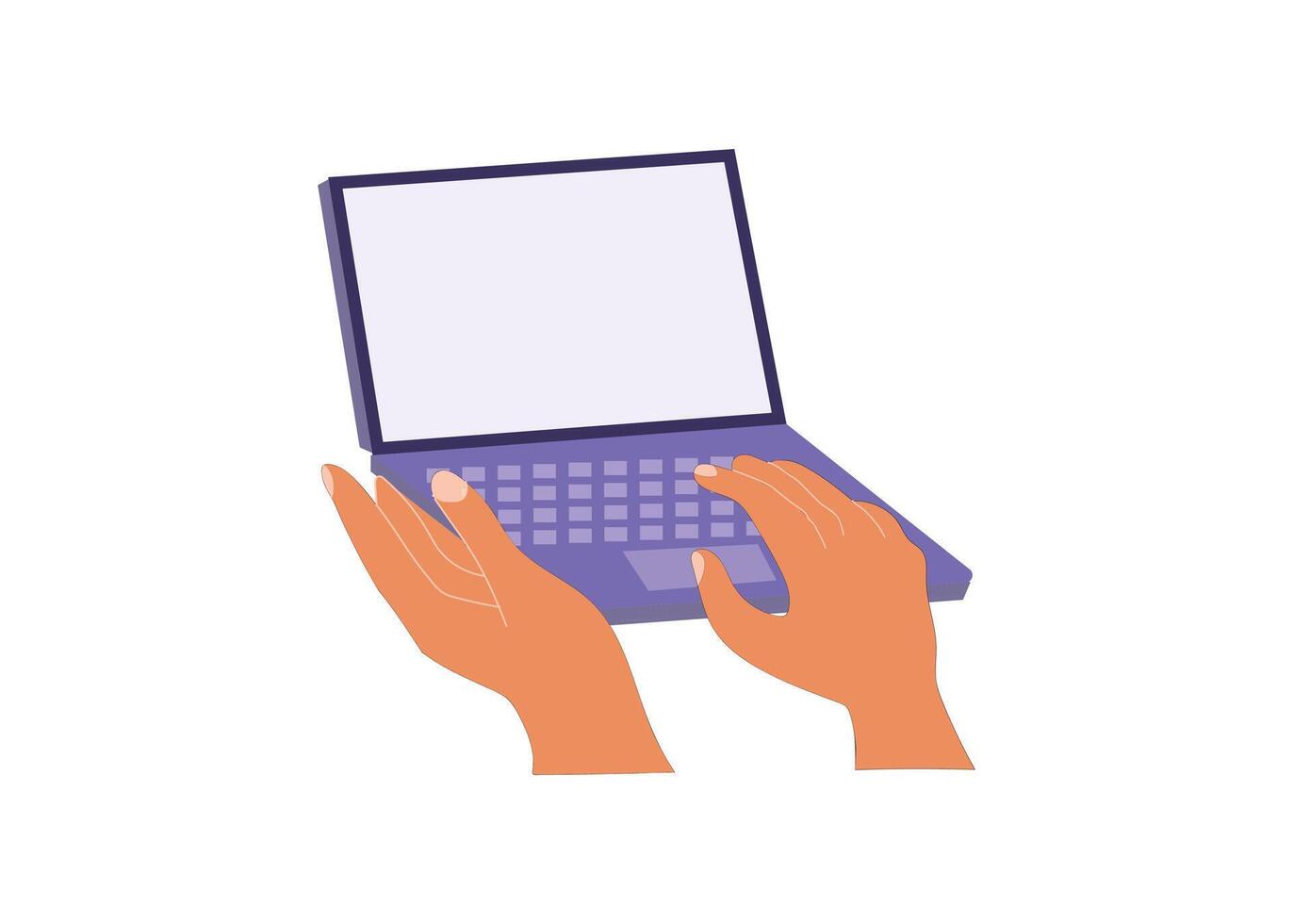 Hands typing on a purple laptop computer vector