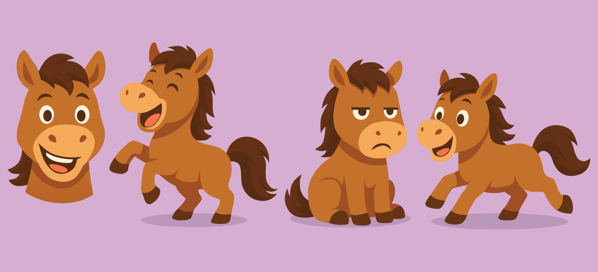 Set of Cute Horse With Various Expression and Pose Cartoon Characters vector