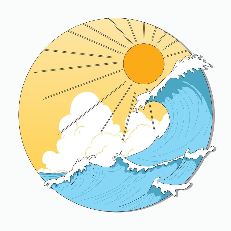 Illustration of big waves in summer with flat style, suitable for use as stickers or summer party invitation cards vector