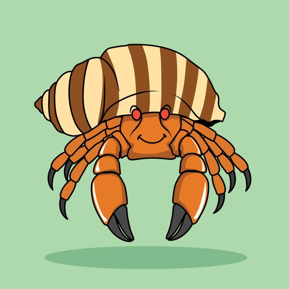 hermit crab with a striped shell red eyes cartoon flat illustration, isolated sea creature concept, flat cartoon style vector