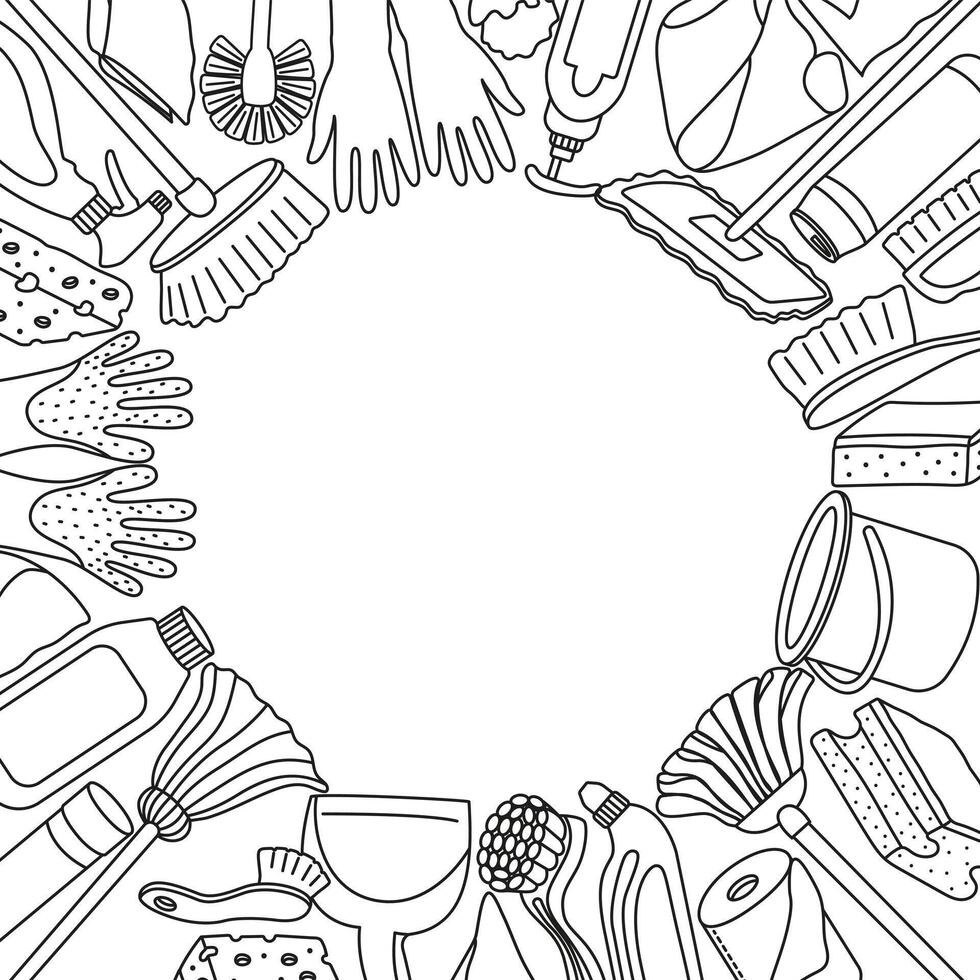 frame with cleaning objects and copy space. Card with sanitation items in doodle style. vector