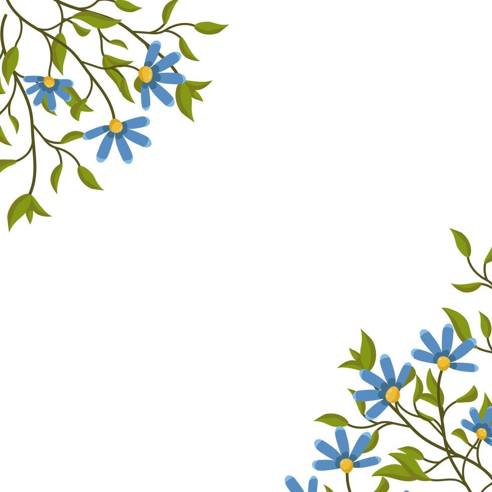 background with blue flowers and leaves. Spring botanical illustration for cards and invitations with space for text. vector