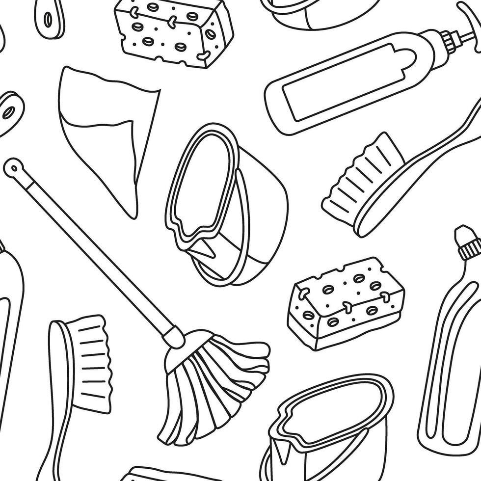 seamless pattern with attributes for cleaning in doodle style. Drawing for packaging, business cards and wallpapers with linear objects for cleanliness. vector