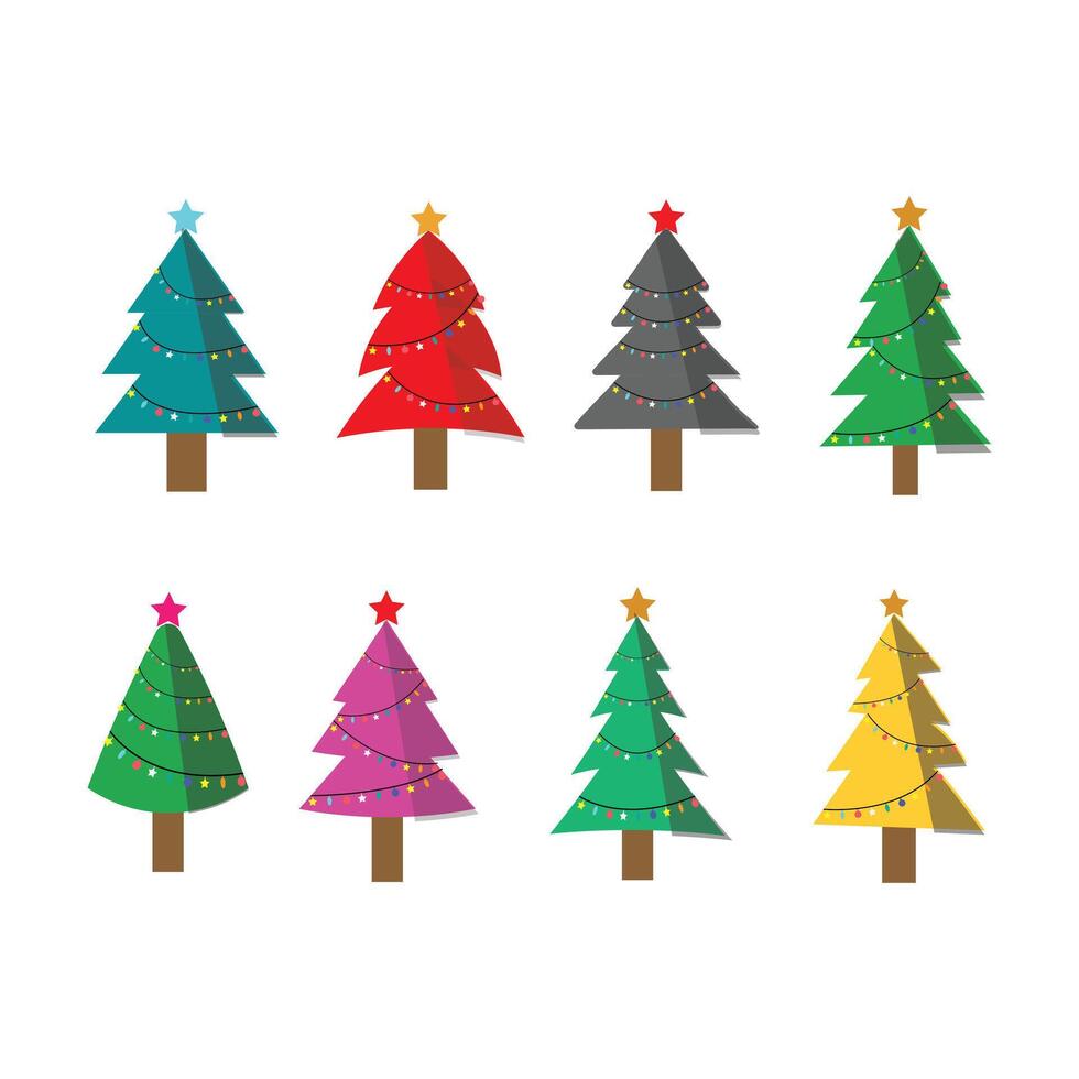 Flat Christmas Trees. Collection of Christmas trees in different colour . vector