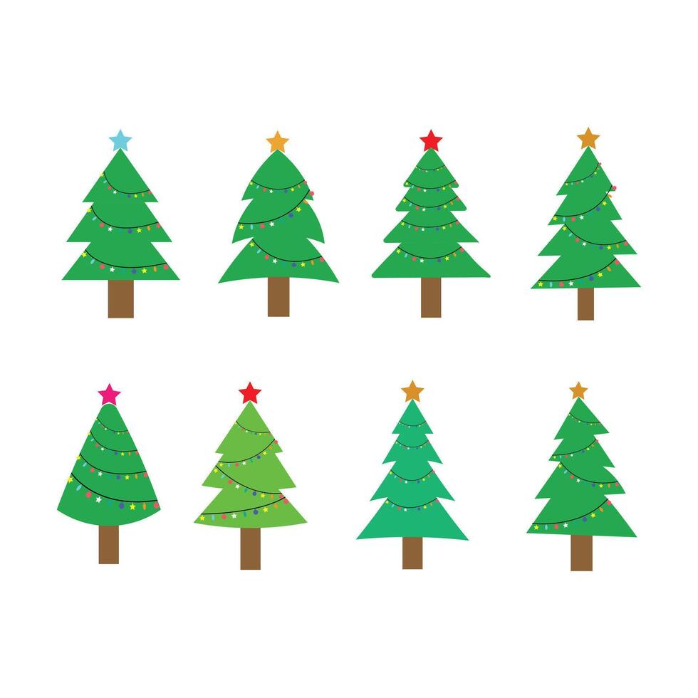 Festive decorated Christmas tree collections in different style. Xmas symbol. set of cartoon Christmas trees vector