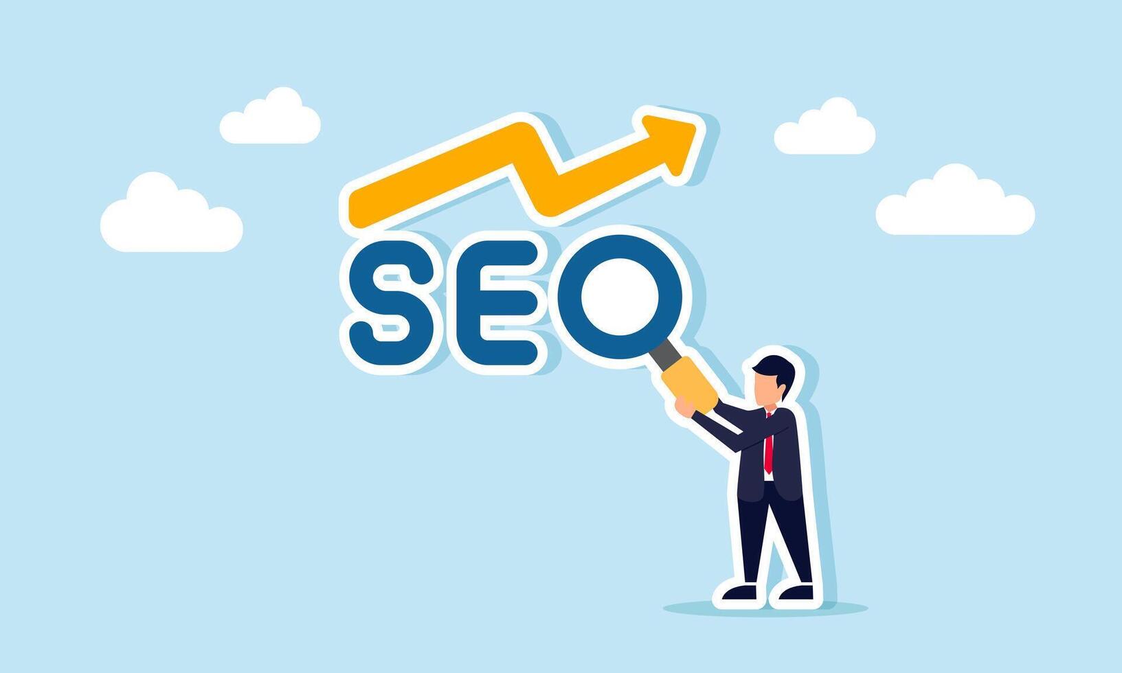 Businessman holding a magnifying glass to complete SEO keywords, showing an increasing arrow, illustration of business sales or performance improvement through SEO research vector