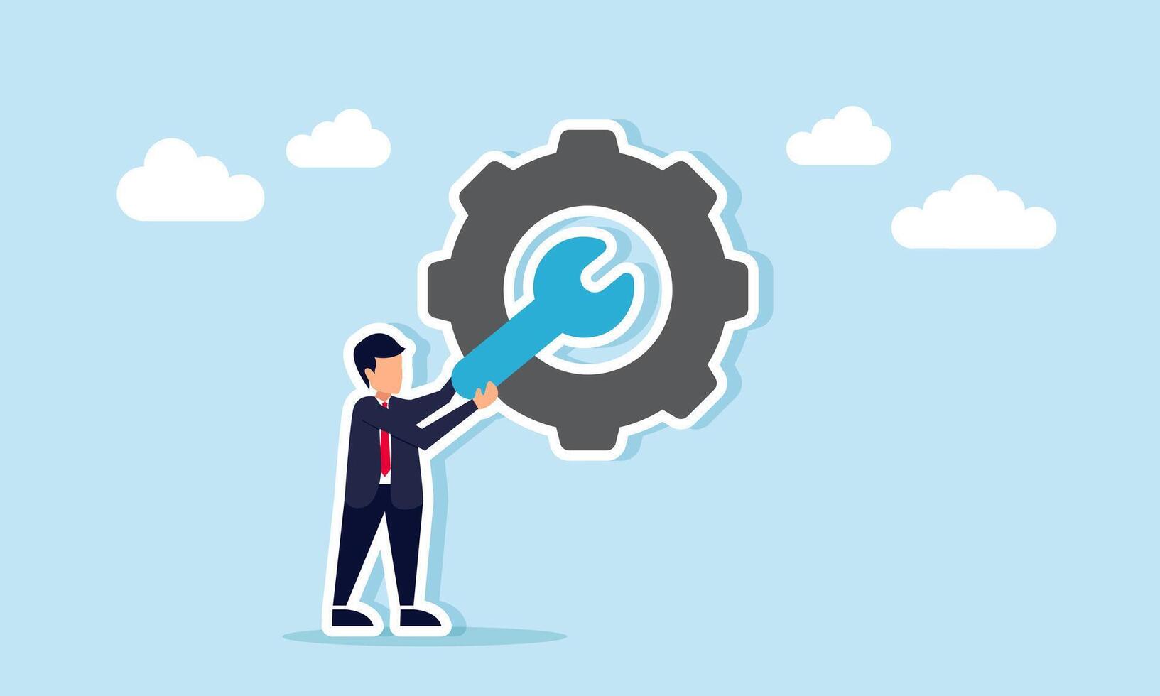 Businessman holding an engine key to point at a gear, illustration of improving business work system for better performance and operational efficiency vector