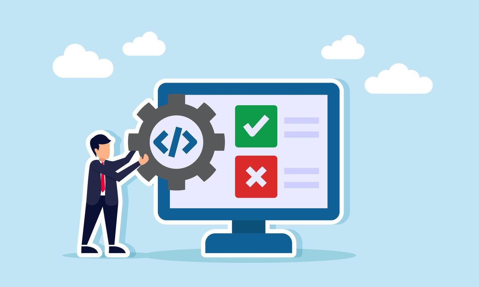 Businessman stand beside a monitor showing check and cross marks while hold a gear with programming symbol, illustration of improving business app programs for better efficiency vector