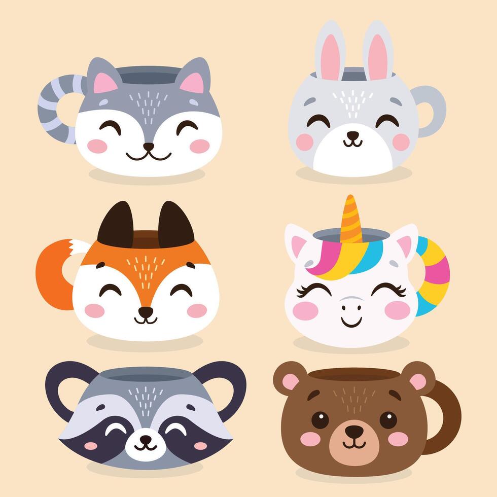 Animal-shaped cups. A set of cute different cups. illustration in flat style vector