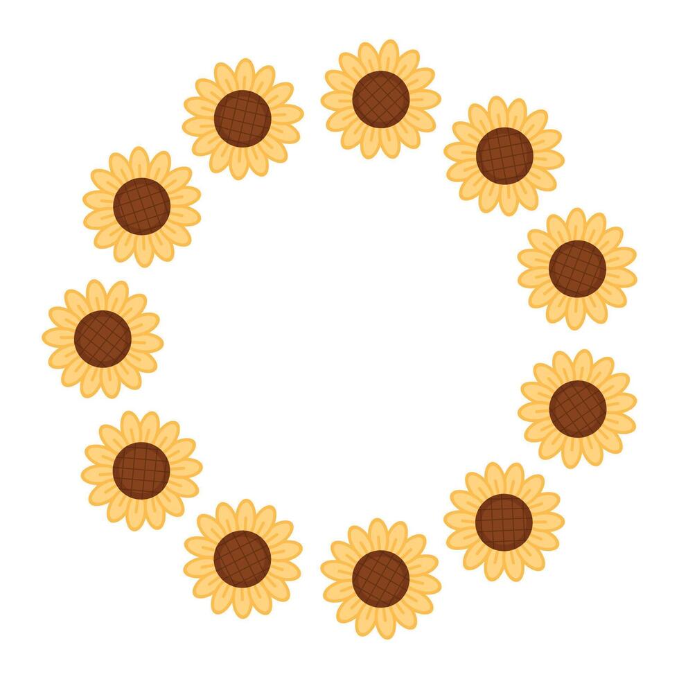 Round frame of cartoon sunflowers. illustration. vector