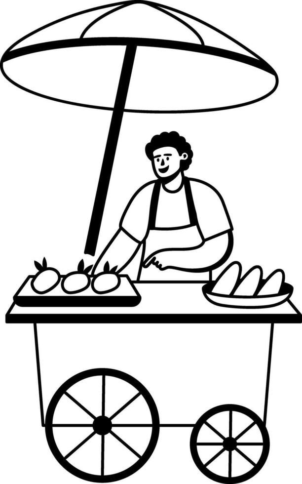 A glyph illustration of a character standing at a food stall vector