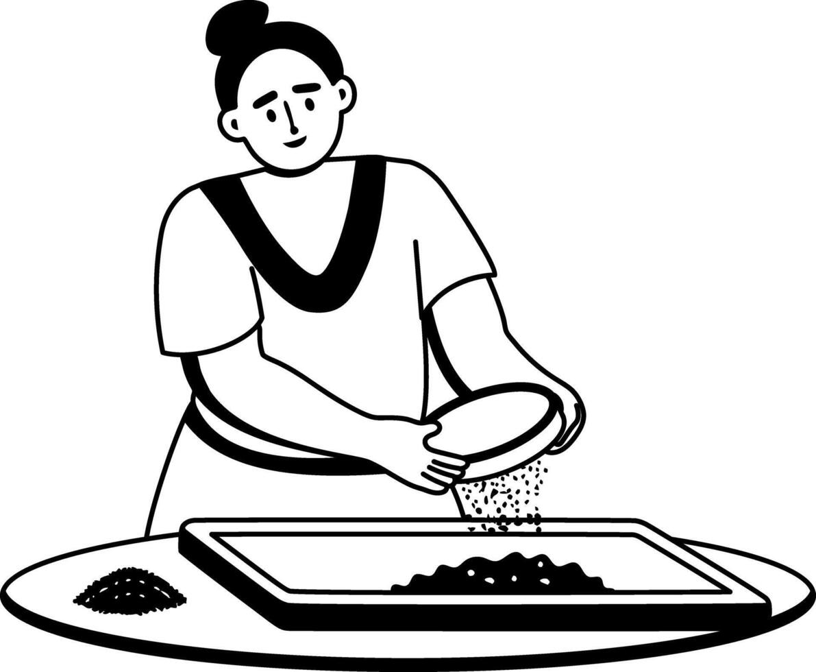 A woman sifting flour illustration in glyph style vector