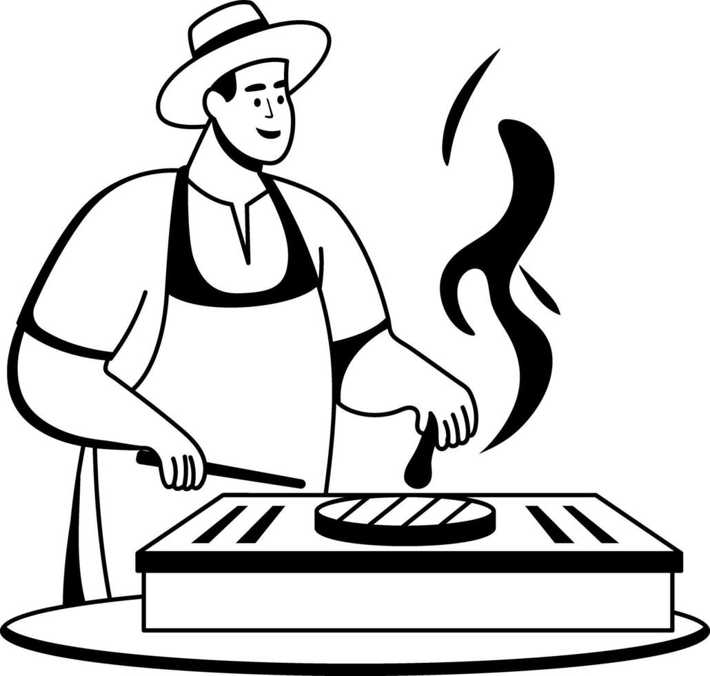 A glyph illustration of a character grilling steak vector