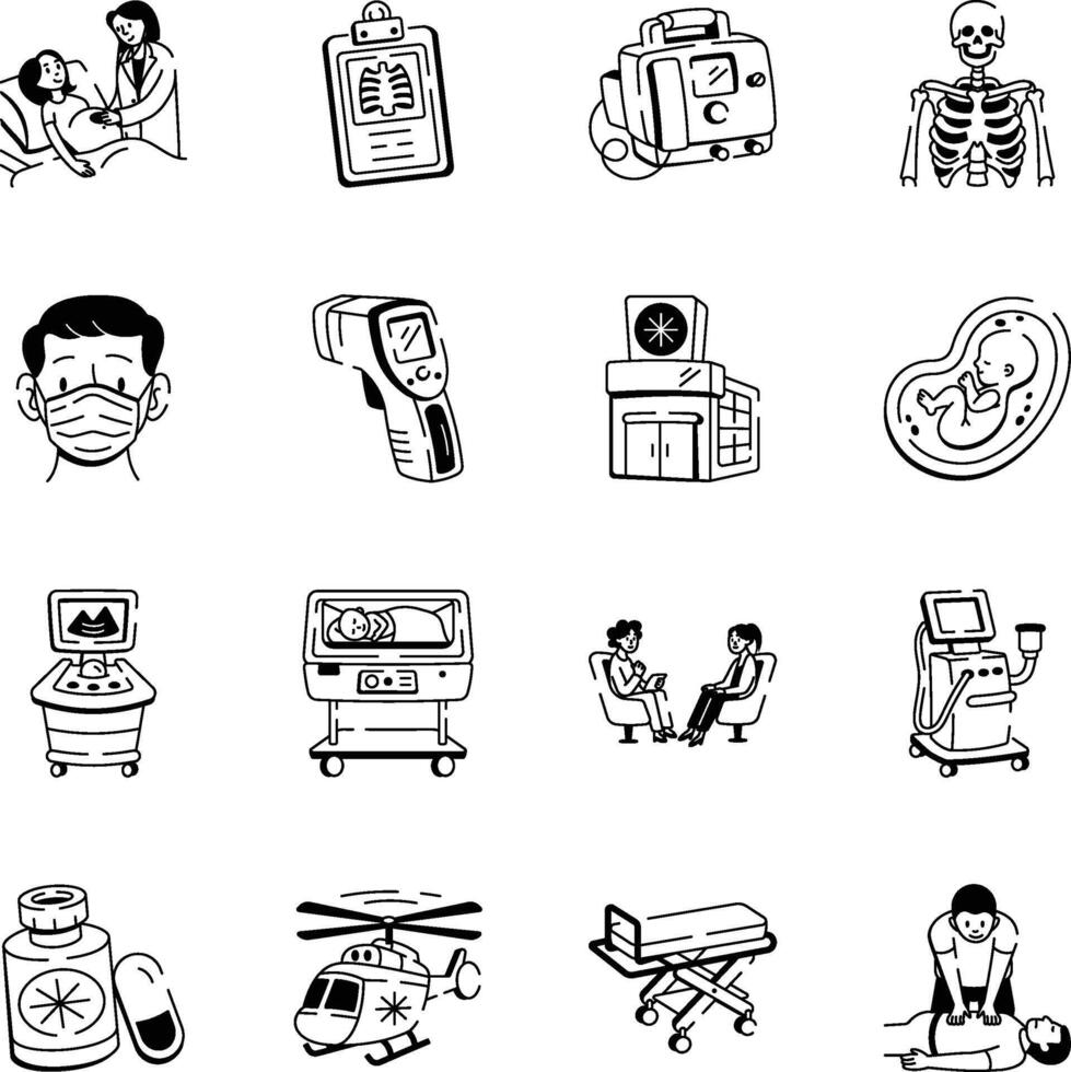 Bundle of Hand Drawn Healthcare Icons vector