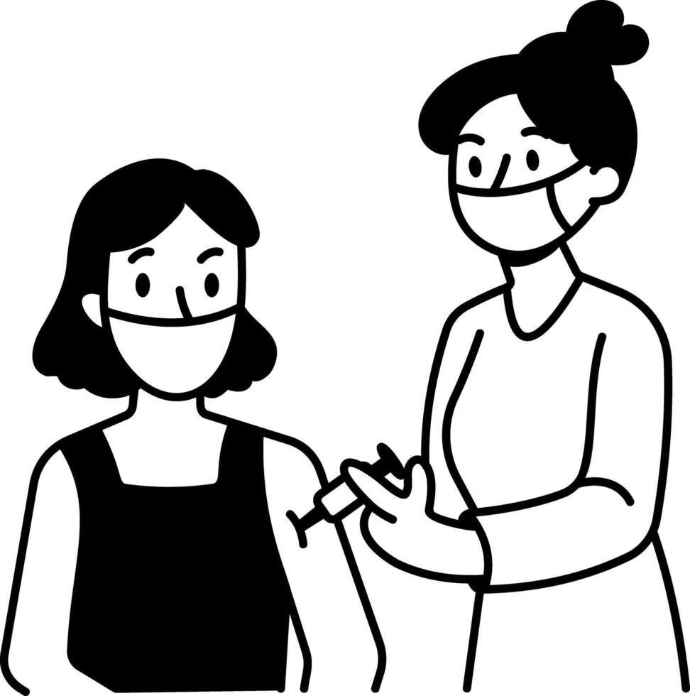 A doctor doing vaccination of her patient, doodle icon vector