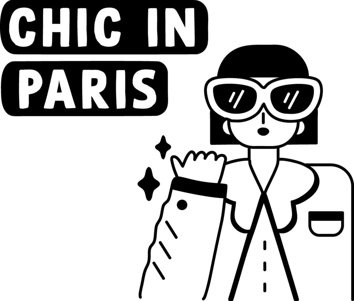 Cool woman with chic in paris text, glyph sticker vector