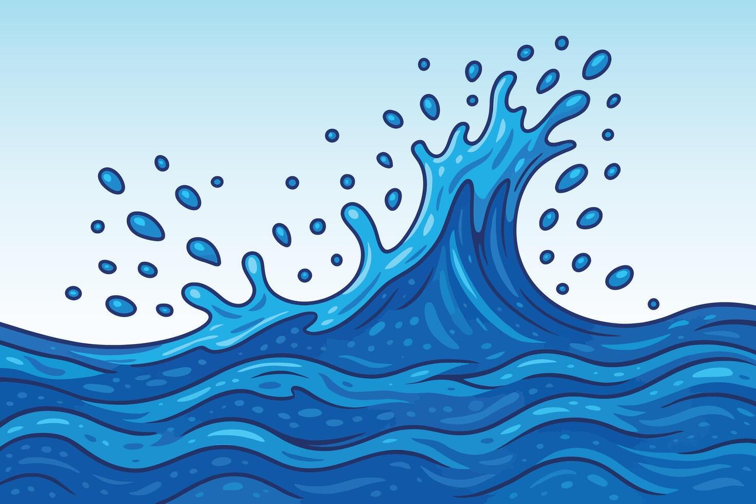 Cartoon illustration of a blue water wave with splash and drops vector