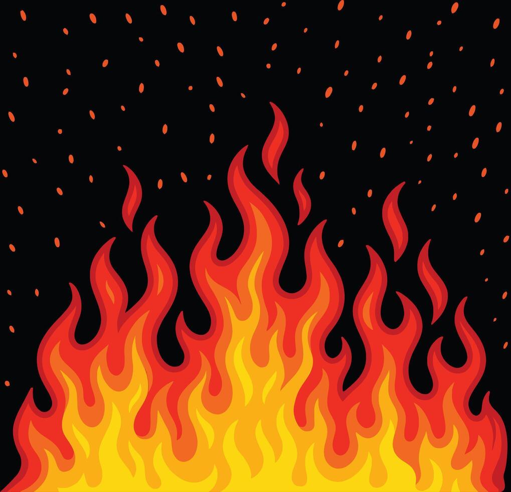 Cartoon Fire Flames with Glowing Sparks on Dark Background vector