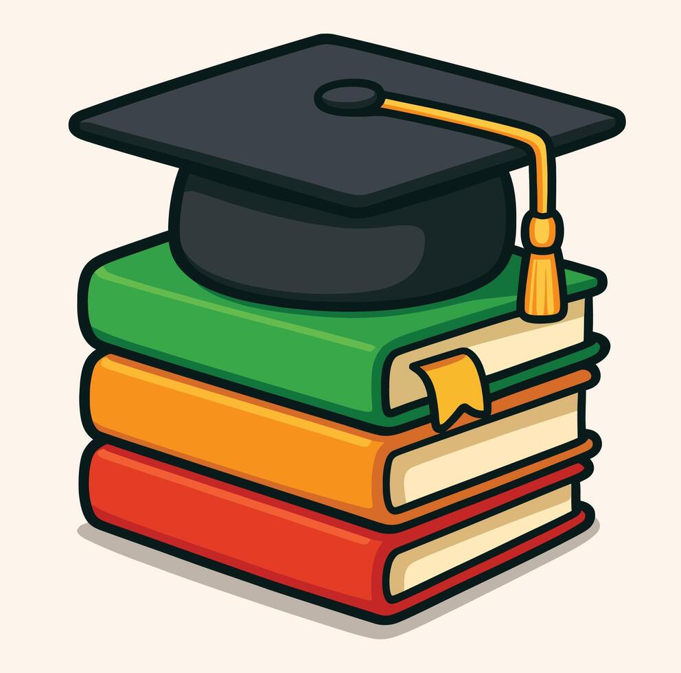 Cartoon Illustration of Graduation Cap on Stack of Colorful Books vector