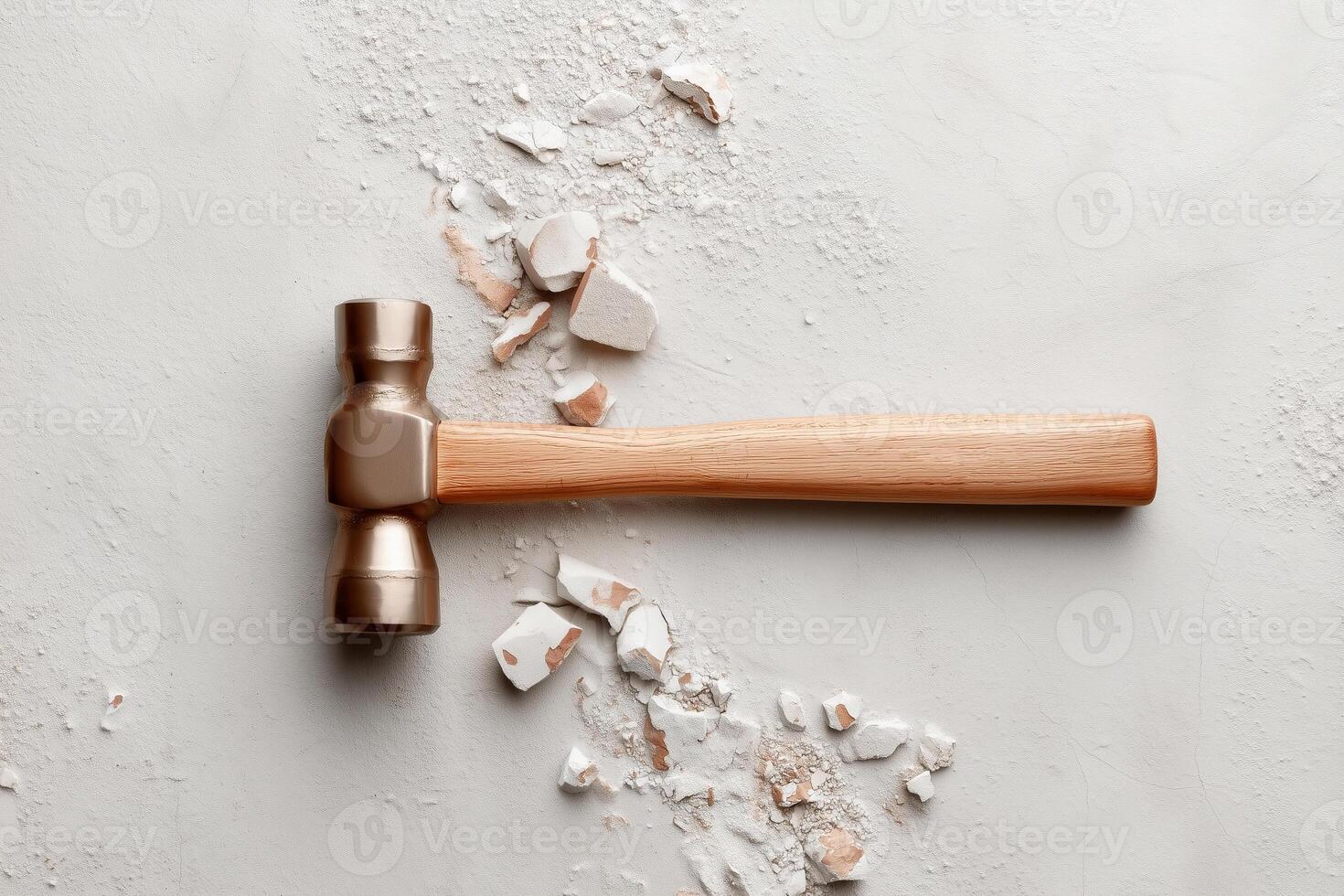 Close-up of a hammer on a textured surface with scattered debris from construction work. photo