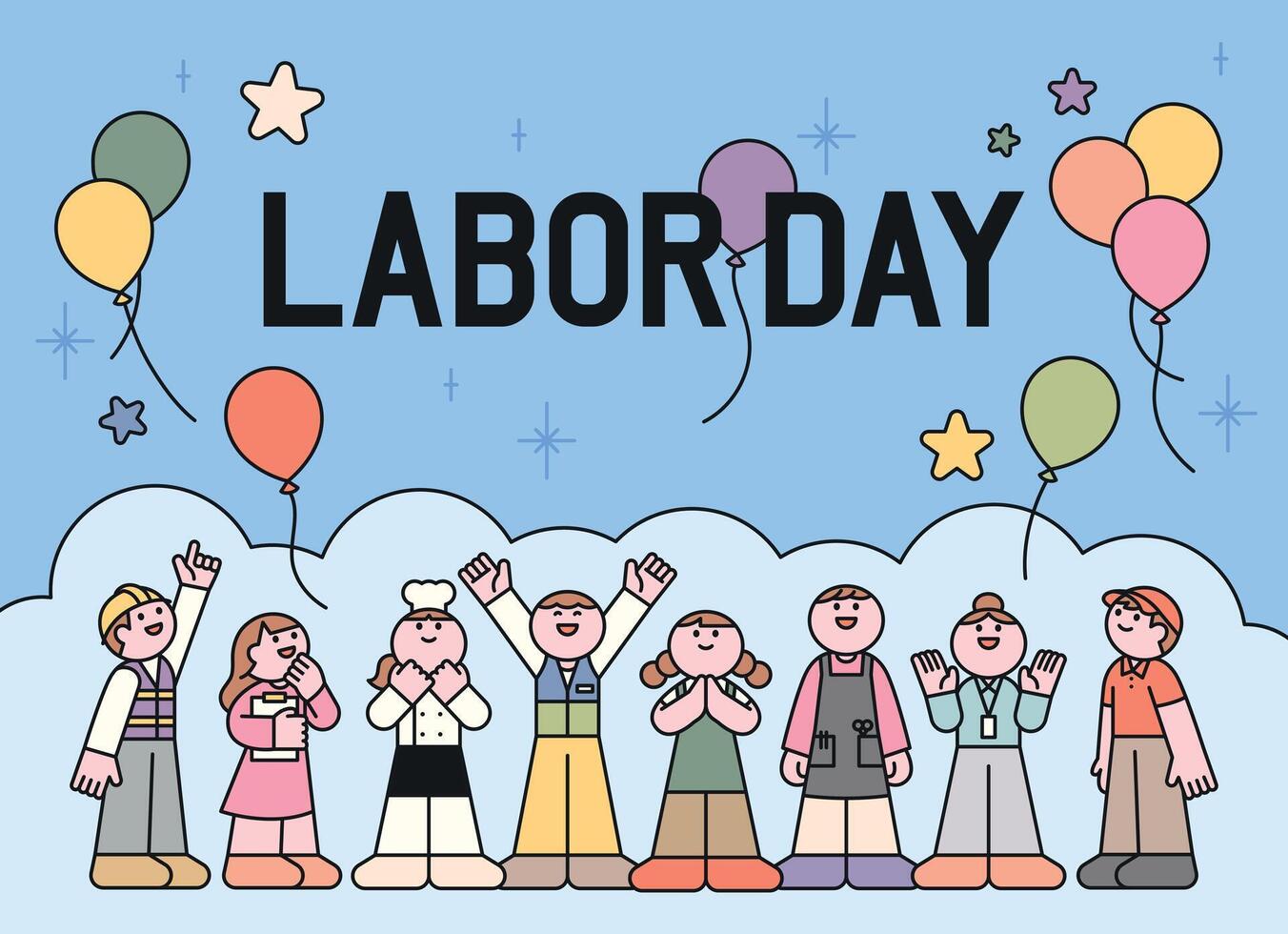 Happy Labor Day celebration with cartoon workers from various professions. vector