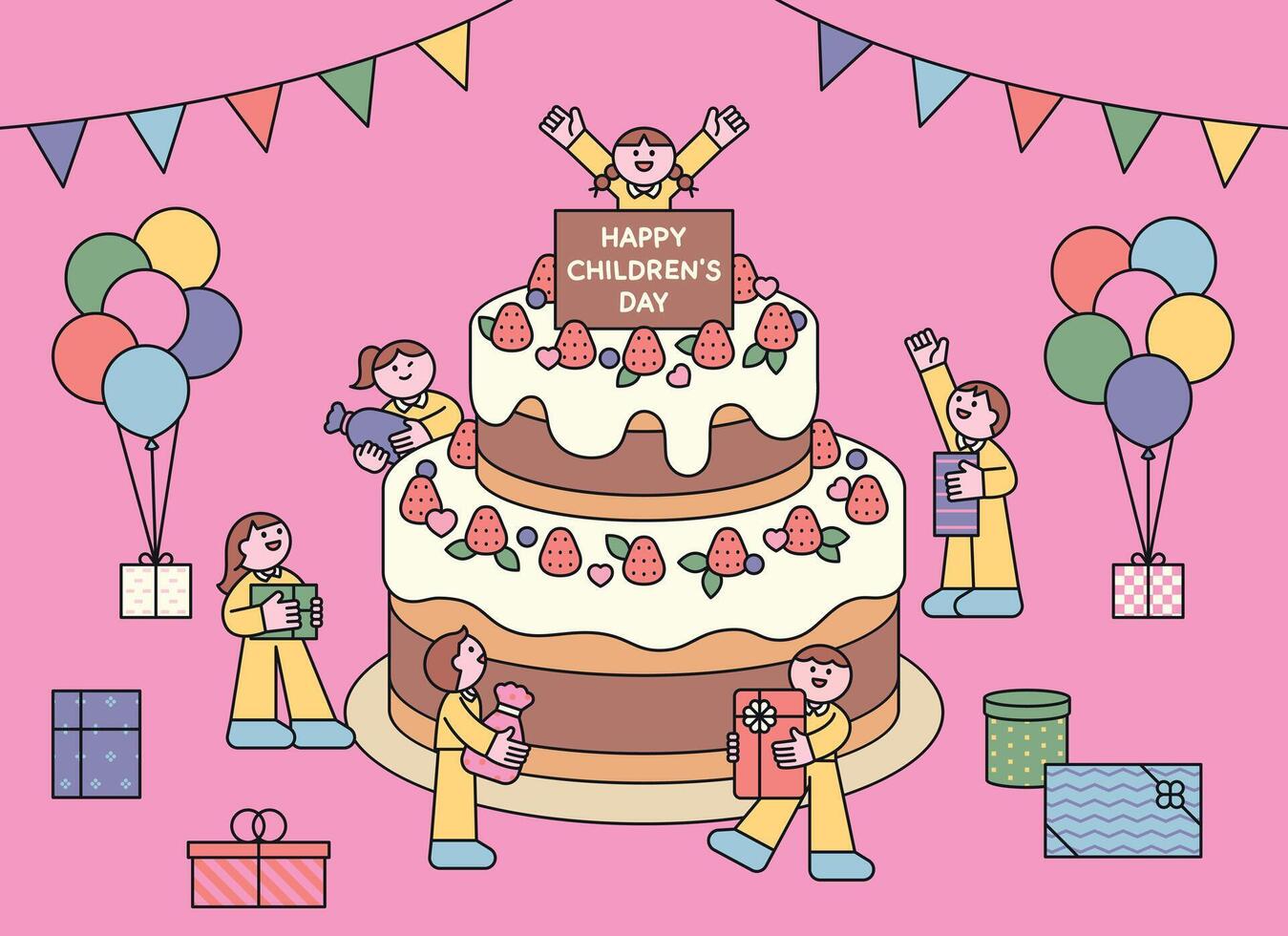 Colorful illustration of children celebrating Children's Day with a big cake, balloons, and presents. A joyful flat style party scene for holiday designs. vector