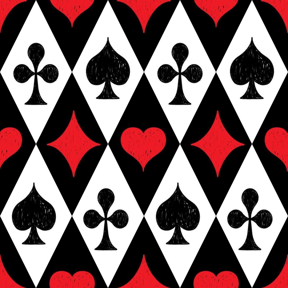 Seamless pattern with crayon drawn poker card suits vector