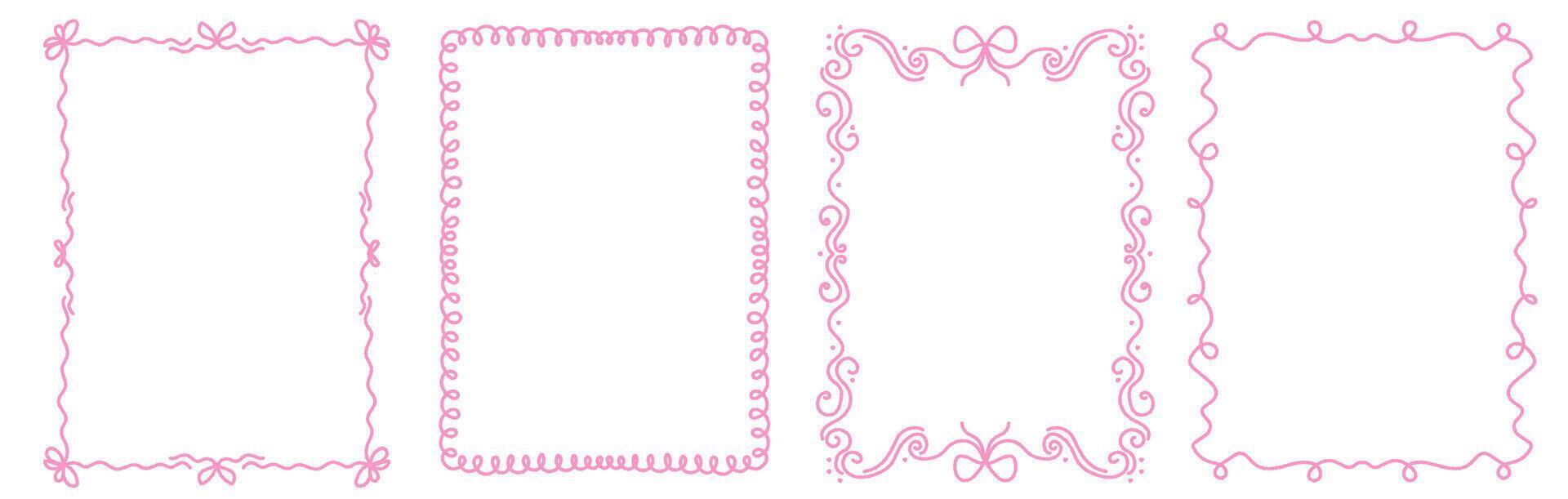 Set of whimsical hand drawn frames with wavy squiggle curly ribbons in trending vintage styles. Crayon drawn decor elements. Great for invitations, greeting cards, posters, banners vector