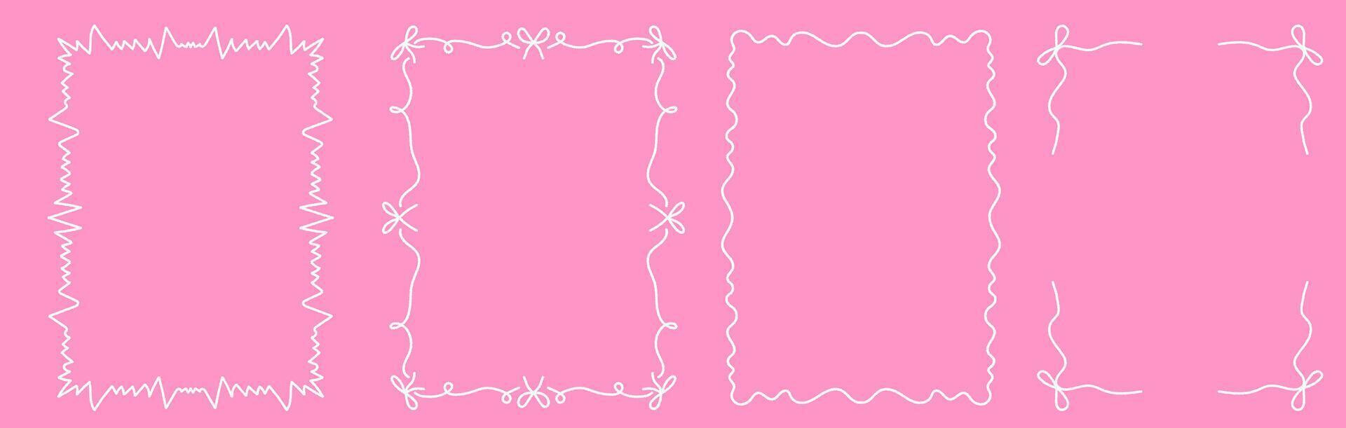 Set of whimsical hand drawn frames with wavy squiggle curly ribbons in trending vintage styles vector