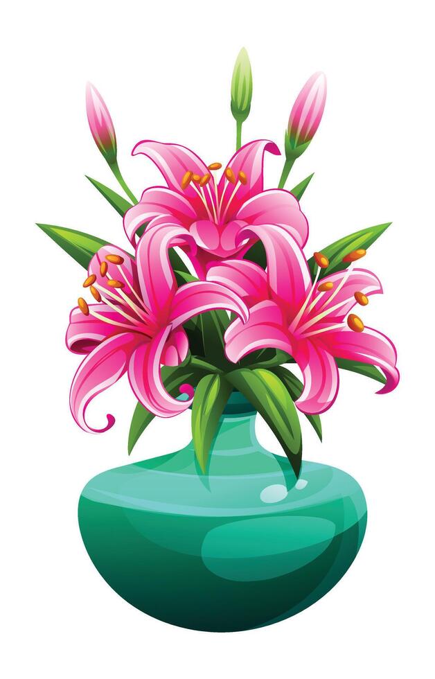 Pink lilies in teal vase with leaves and curved blossoms. Cartoon illustration vector