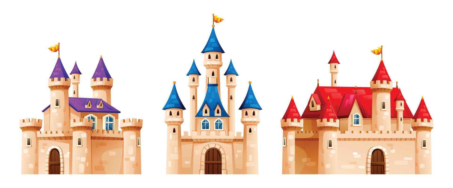 Collection of fairytale castles with blue, red, and purple roofs. Cartoon illustration vector