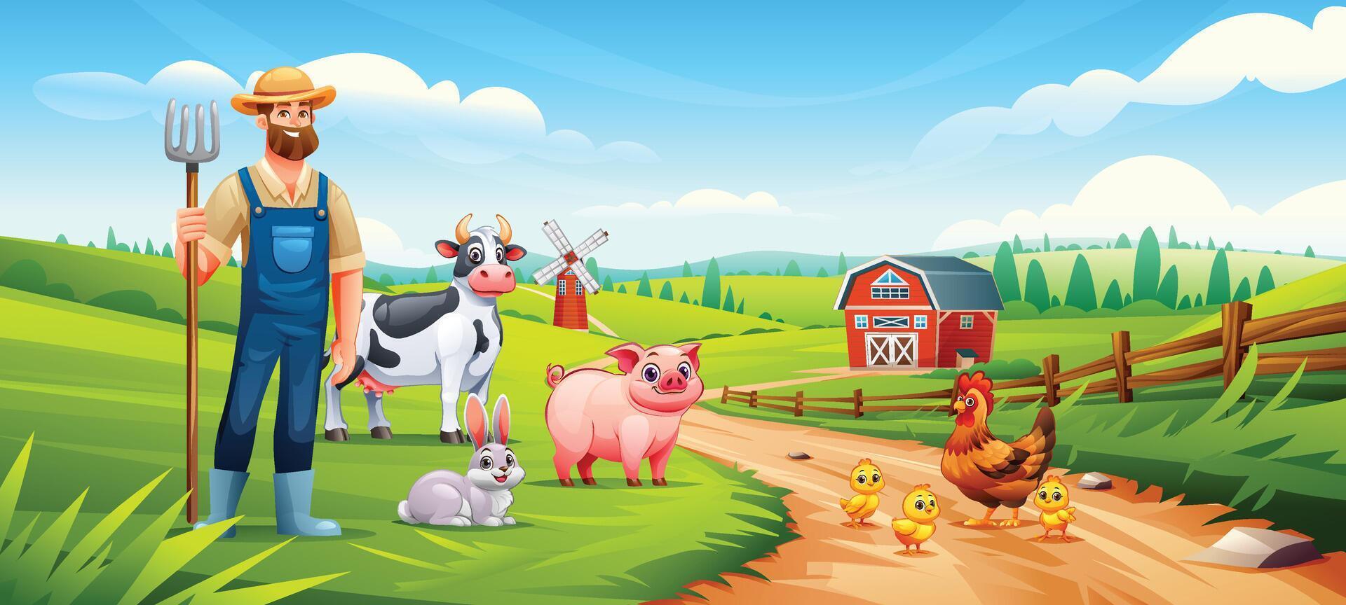 Farmer with farm animals including cow, pig, rabbit, hen and chicks. Cartoon illustration vector