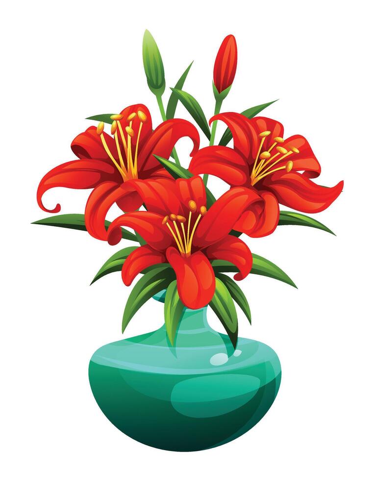 Red lilies in a turquoise vase with leaves. Cartoon illustration vector