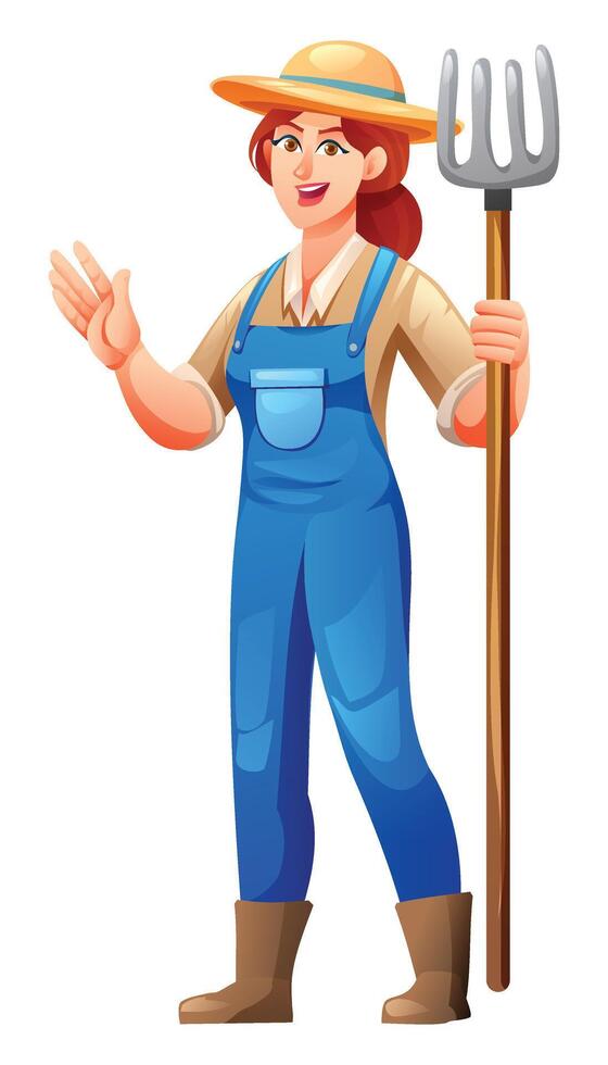 Friendly female farmer holding a pitchfork and waving hand in blue overalls. Cartoon illustration vector