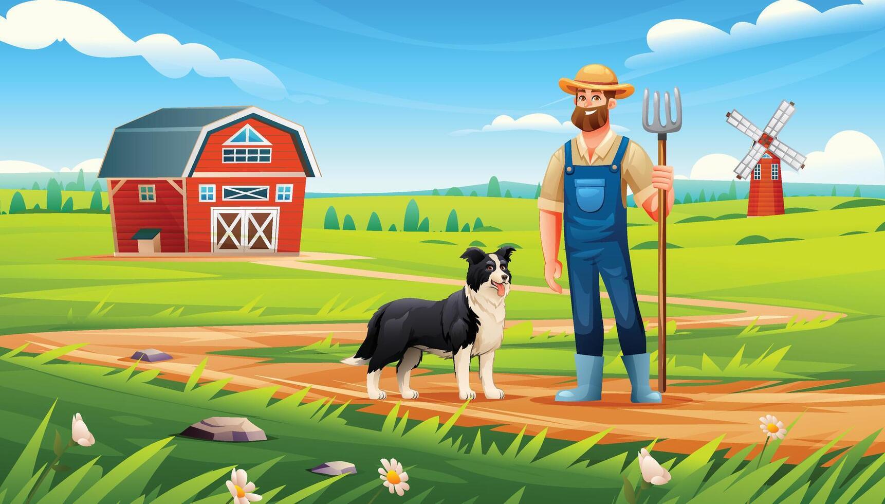 Farmer standing on path with loyal sheepdog near red barn and windmill. Cartoon illustration vector