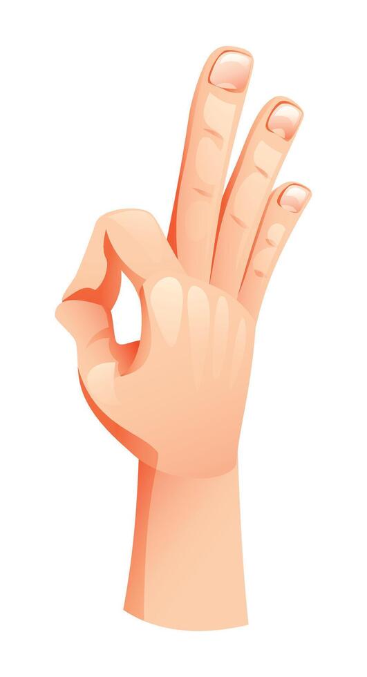 Hand making an OK gesture with three fingers extended upward. Cartoon illustration vector